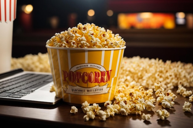 Popcorn in striped buckets on wooden table Cinema concept