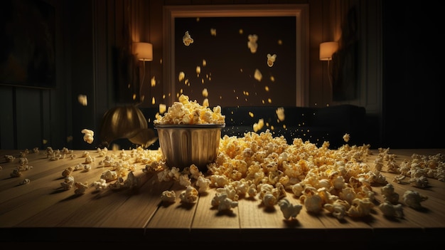 Popcorn on a table in a dark room with a dark background and a blurry background.