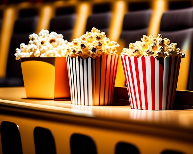 Photo popcorn on a table with a box of popcorn in front of them