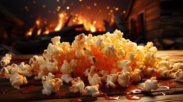 Popcorn on a table with a fire in the background