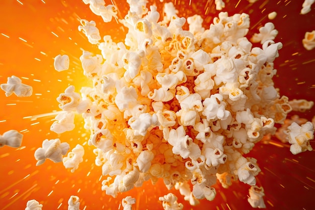 Popcorn vliegt in de lucht op een oranje achtergrond