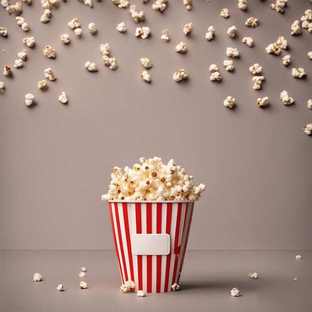 Popcorn vliegt over de papieren beker popcorn op witte achtergrond