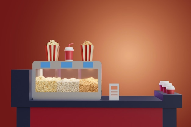 Foto popcorn winkel toonbank 3d render illustratie