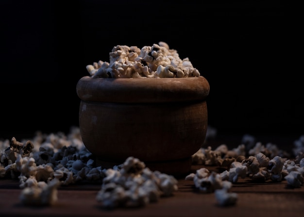 popcorn in a wooden bowl