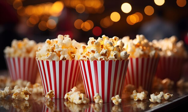 Popcorndoos gevuld met zoute pluizige popcorndoos in rode bioscoopstoelen op een rij bokeh achtergrond