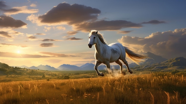 Popcultureinspired White Horse Running In Open Field At Sunset