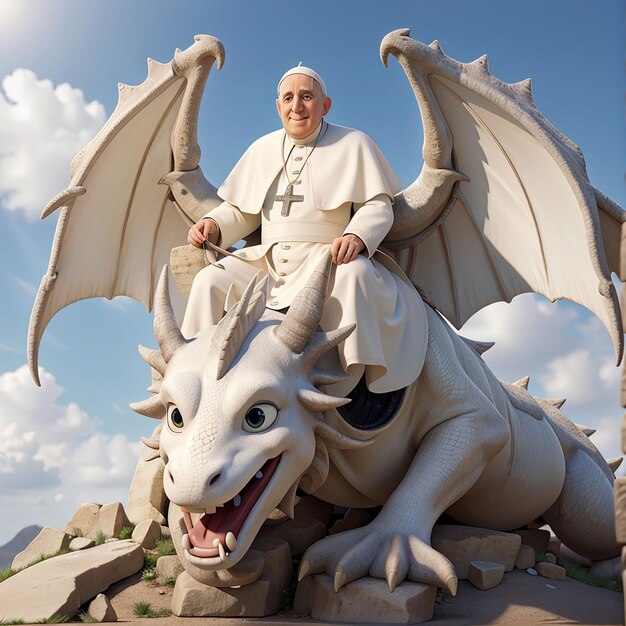 Foto papa francesco in cima a un drago bianco