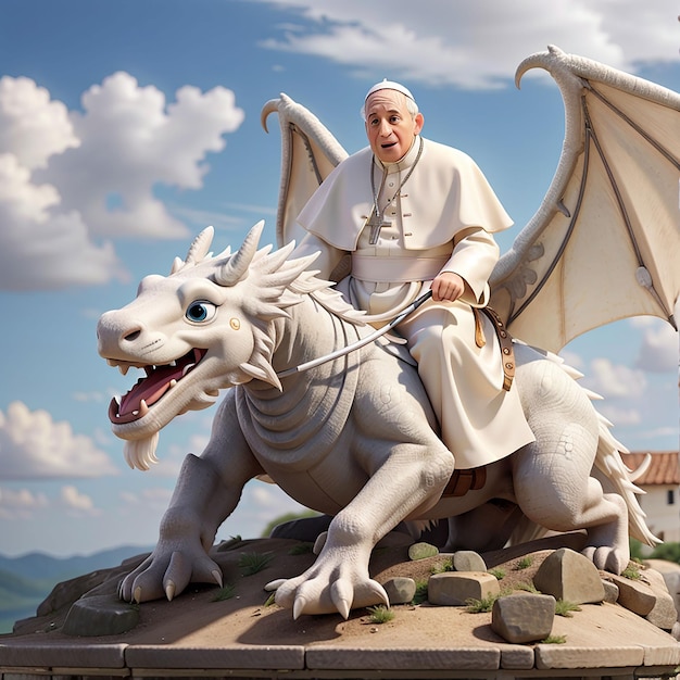 Foto papa francesco in cima a un drago bianco