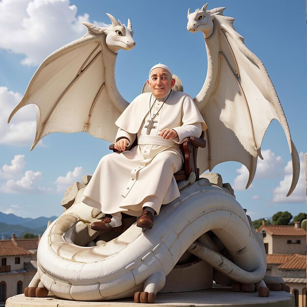 Foto papa francesco in cima a un drago bianco