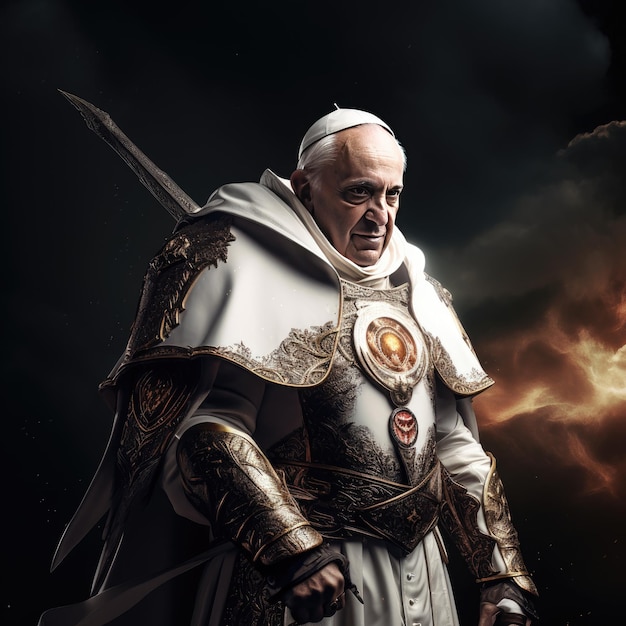 Pope Francis Unleashing Divine Justice in Mortal Kombat Style Against a Menacing Dark Sky