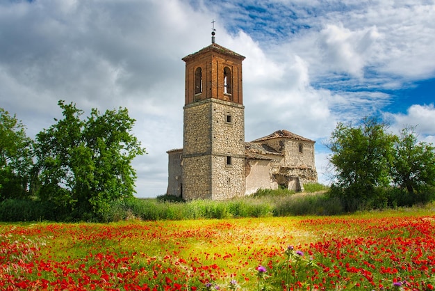 Poppenveld met de verwoeste kerk van de verlaten stad Caudilla Toledo Spanje