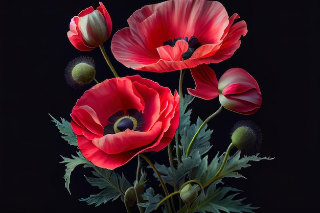 Poppies on a dark background abstract Generative Ai