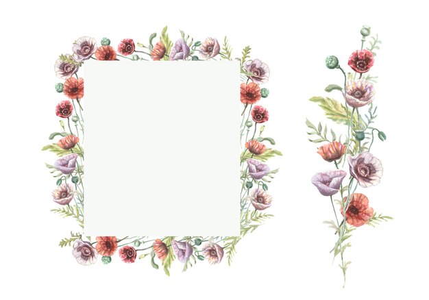 ポピーの花赤紫野花手描き水彩イラスト。スケッチプリントテキスタイル背景パターンシームレスセットフレームボーダー。自然植物は装飾を残します