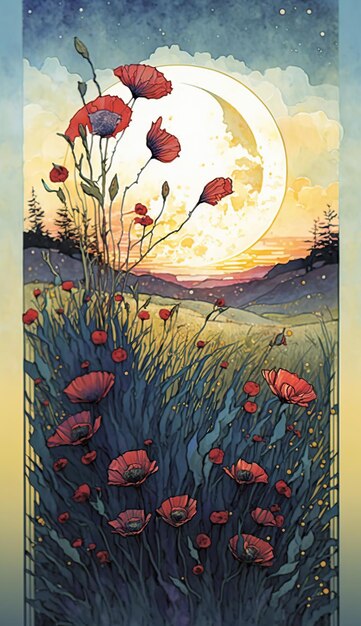 Poppy field blooming and short grass flat illustration AI Generated