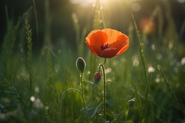 A poppy in a field of grass