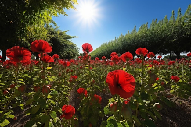 Poppy field with blue sky in the background