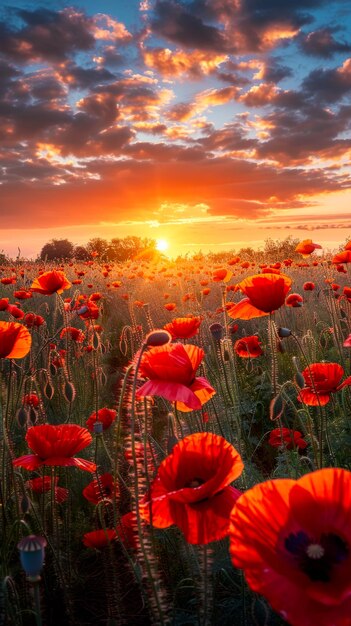 poppy fields in sunset sky with sunlight blurred background