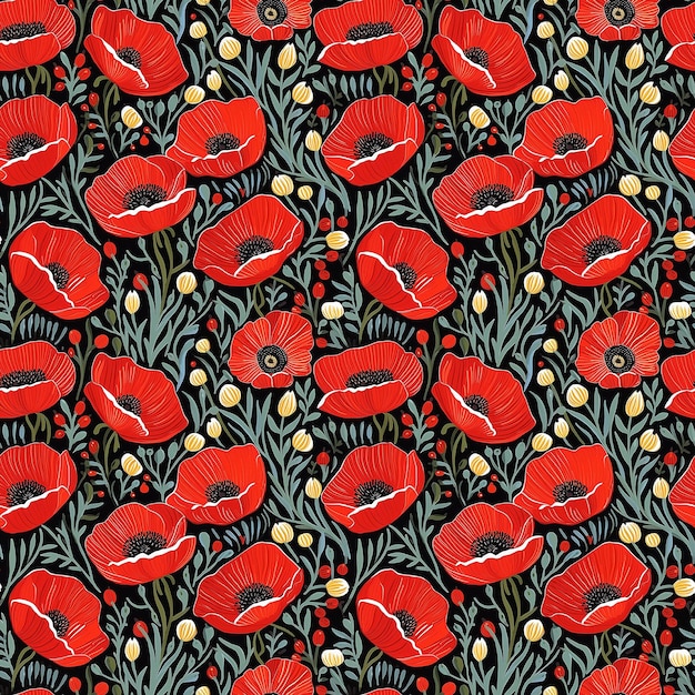 Poppy flower background naive art seamless pattern