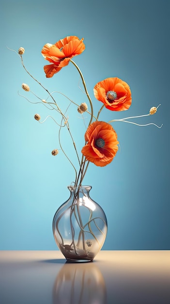 우아한 꽃병에 포피 꽃 미니멀리즘 디자인과 아름다운 꽃 생성 AI 예술