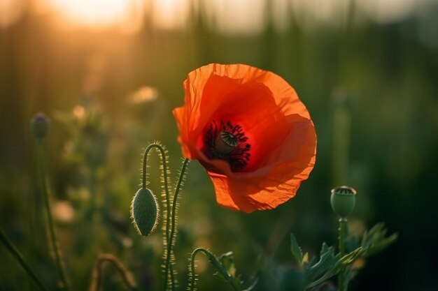 A poppy flower in a field with the sun setting behind it