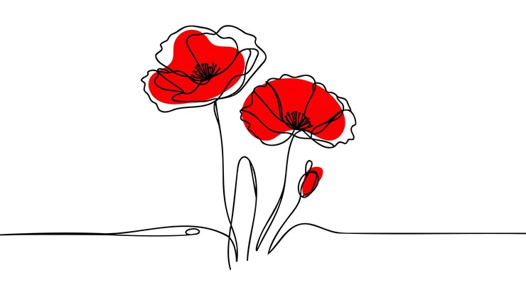Photo poppy flowers in continuous line art drawing style doodle floral border with two flowers blooming among grass