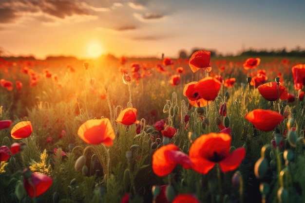 Poppy flowers field at sunset generative ai