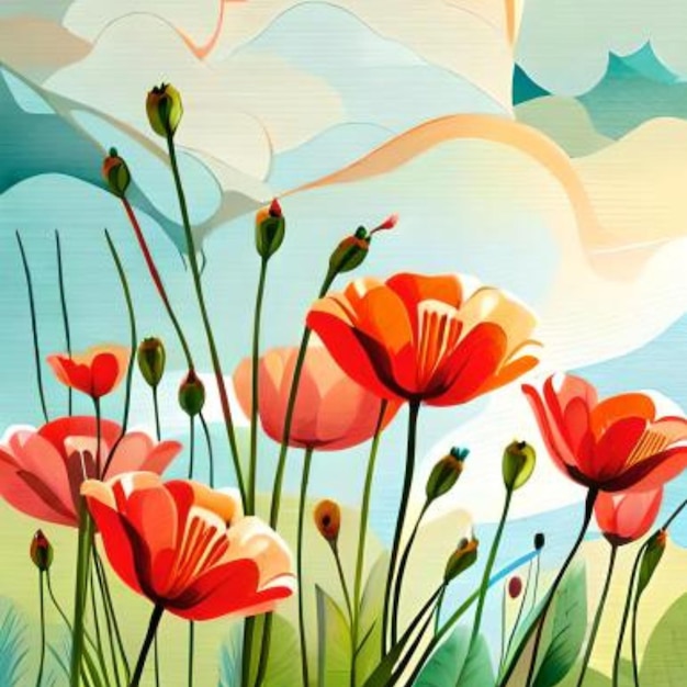 Poppy Flowers in a Watercolor Minimalist Illustration on Transparent Background