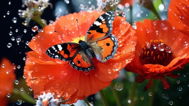 사진 야생 벌과 나비에 아침 이슬 물방울과 함께 포피 꽃