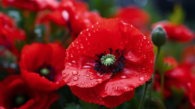 poppy flowers with morning dew water drops on wild fieldbee and buterfly