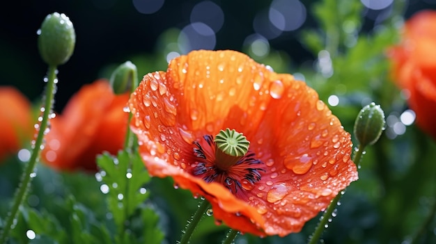 poppy flowers with morning dew water drops on wild fieldbee and buterfly
