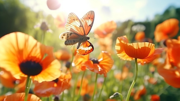 poppy flowers with morning dew water drops on wild fieldbee and buterfly