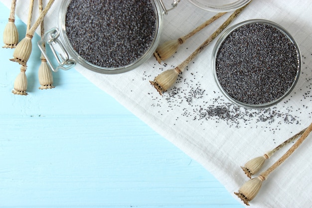 Poppy seeds in a bowl on a table