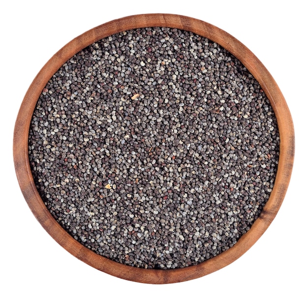 Poppy seeds in a wooden bowl on a white