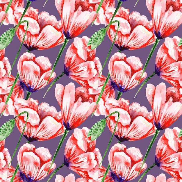 Poppy watercolor pattern on purple background