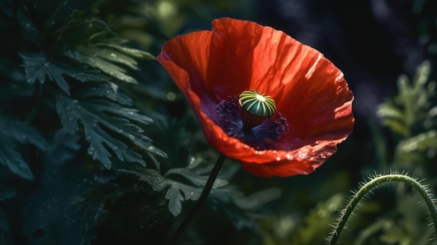 A poppy with a green ring on it sits in a field of green leaves.