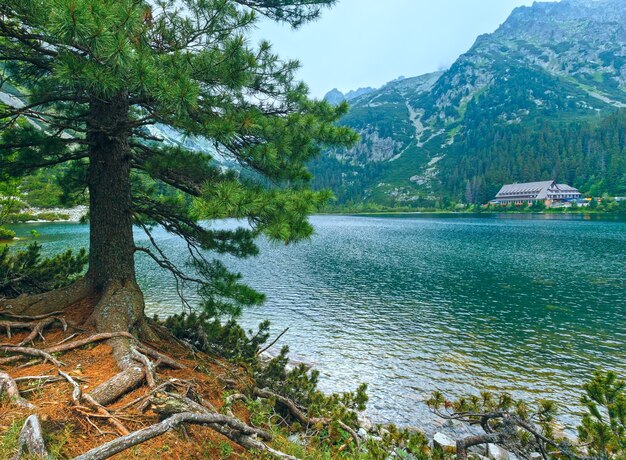 Popradske Pleso en Hoge Tatra zomer bewolkt uitzicht op de bergen (Slowakije)