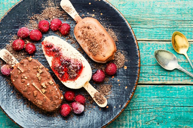 Popsicle ice cream with chocolate and cherry.Ice cream sticks