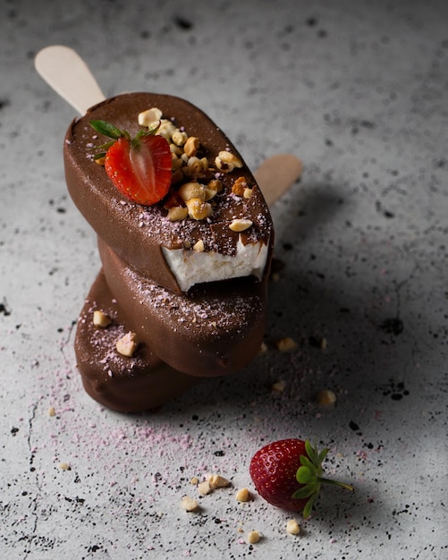 Фото Эскимо на палочке с орехами и ягодами мороженое в шоколадной глазури мороженое с клубникой