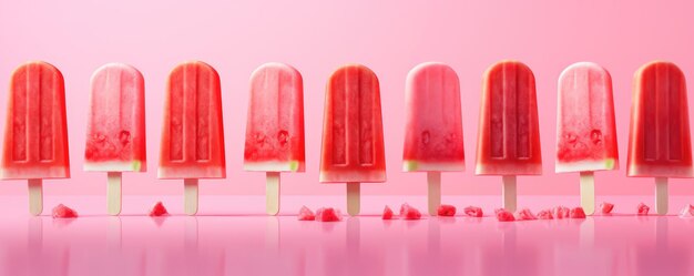 분홍색 배경 여름 파노라마 Generative Ai에 있는 신선하고 건강한 수박의 팝시클
