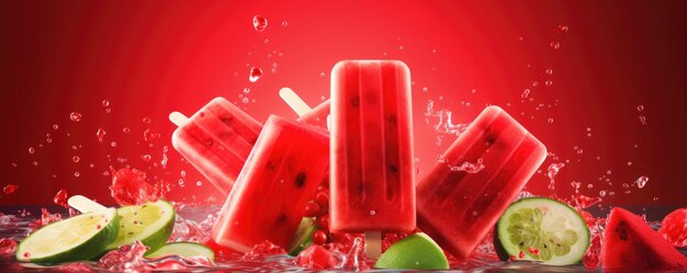 Popsicles of fresh and healthy watermelom on red background panorama Generative Ai