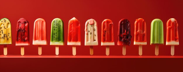 Photo popsicles of fresh and healthy watermelom on red background panorama generative ai