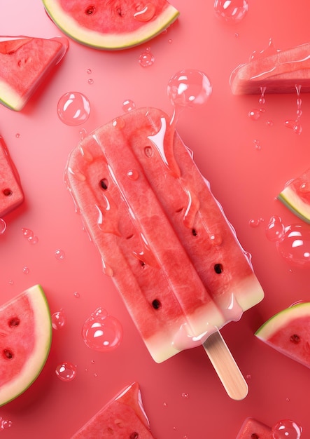 Popsicles of fresh and healthy watermelom on red background summer generative ai