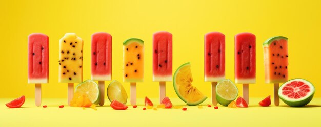 Popsicles of fresh and healthy watermelom on yellow background panorama generative ai