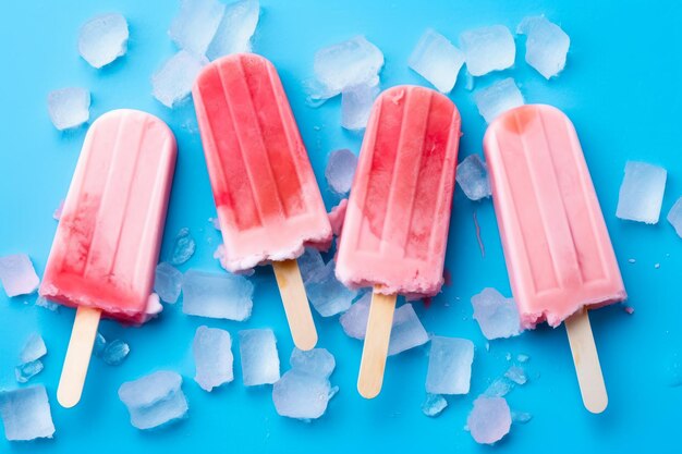 Popsicles and ice cubes on blue background top view generative ai