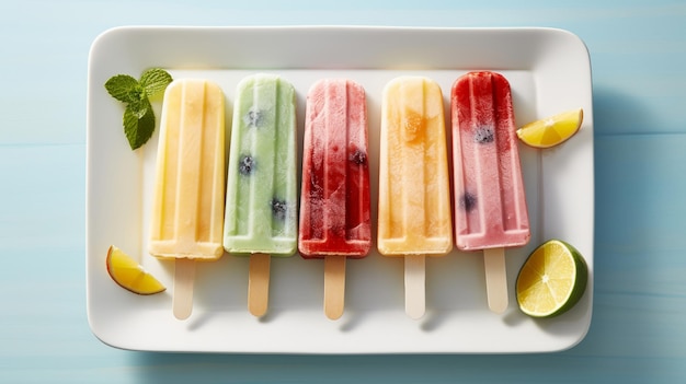 popsicles with varying fruity essences positioned vertically on a light ceramic plate against a soft blue hue