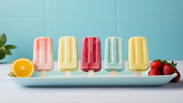 Popsicles с различными фруктовыми эссенциями, расположенными вертикально на светлой керамической пластине на фоне мягкого синего оттенка