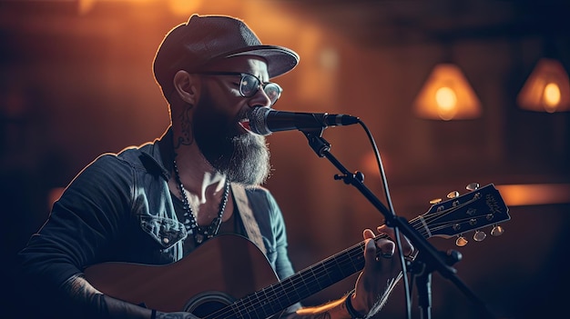Populaire countrymuziek artiest met een gitaar op een groot podium onder schijnwerpers