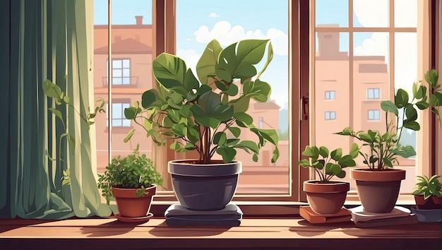 Populaire potplanten illustratie Op de vensterbank van het huis raam in potten philodendron ficus Monstera AI gegenereerd