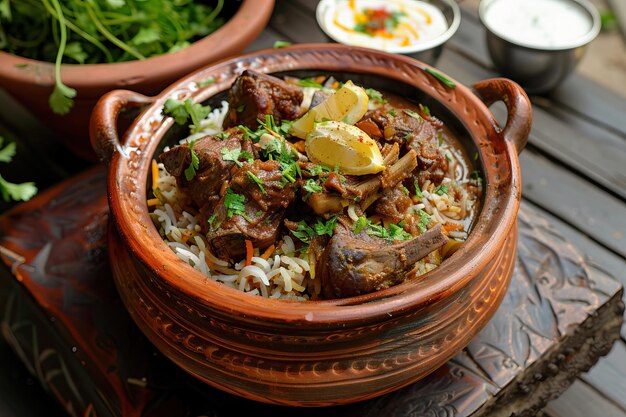 Photo popular indian dum handi mutton biryani in clay pot