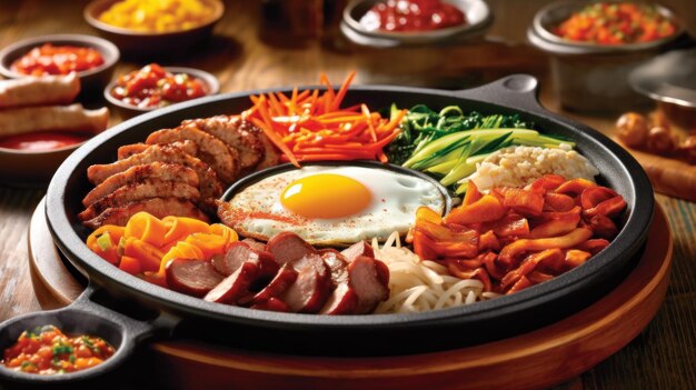 나무 테이블 생성에 인기 있는 한국 비빔밥 그릇 요리 ai